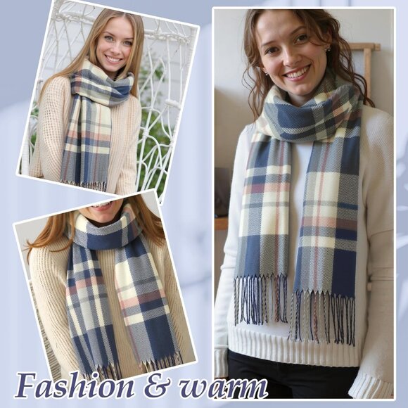 Women's Navy Beige Red Scarf Fashion Long Plaid Shawls Wraps Big Grid Winter - Picture 7 of 7